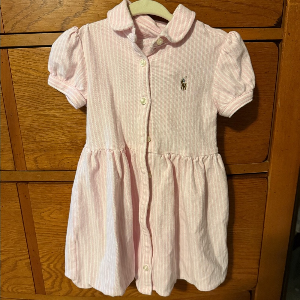 Ralph Lauren Light Pink Striped Polo Dress with Puff Sleeves 24 months